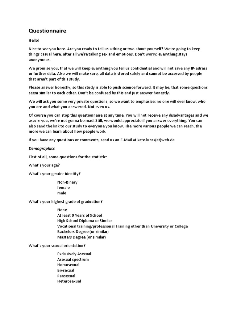 Questionnaire English | Download Free PDF | Sexual Arousal | Human ...