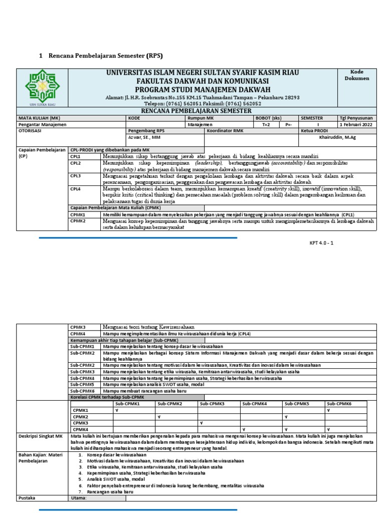 RPS Kewirausahaan 2024 UIN Suska Riau | PDF | Karier & Perkembangan | Seni