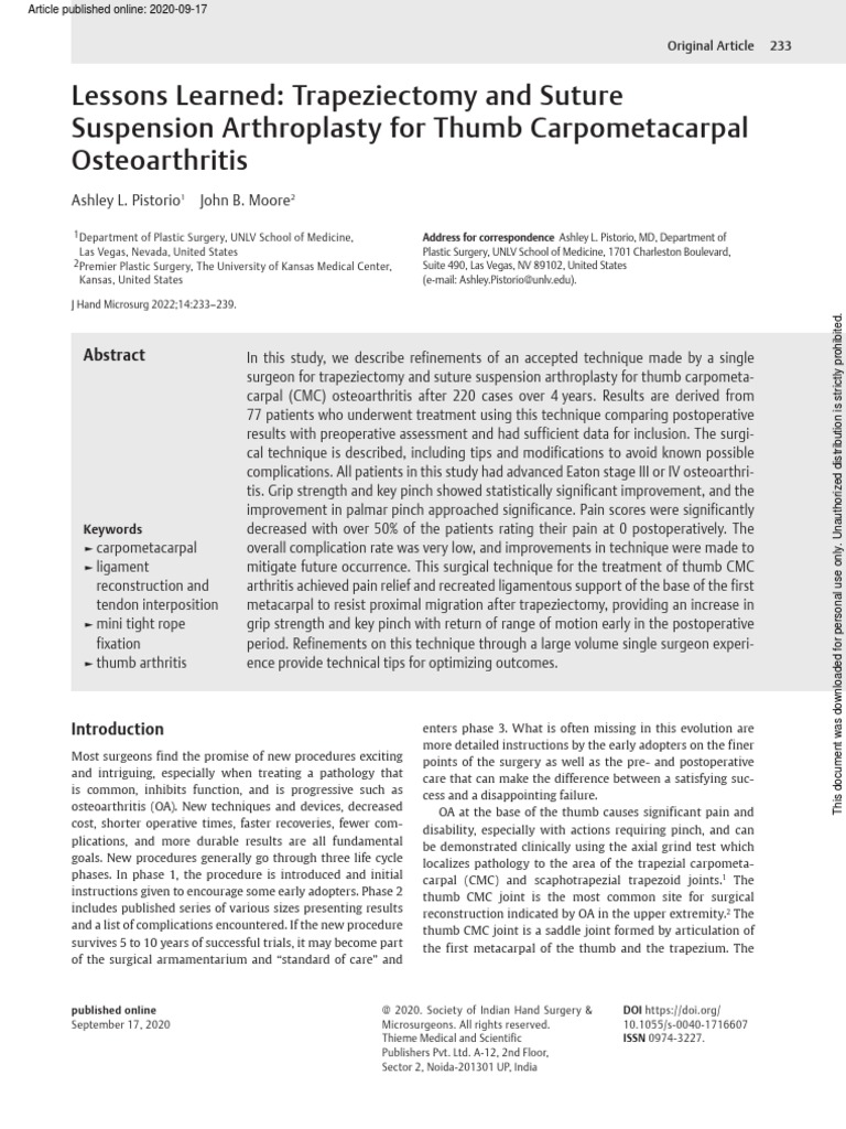 Lessons Learned Trapeziectomy and Suture Suspension Arthroplasty For