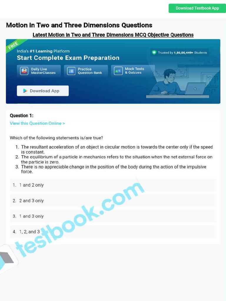 MCQ On Motion in Two and Three Dimensions 5eea6a1339140f30f369ef37 | PDF
