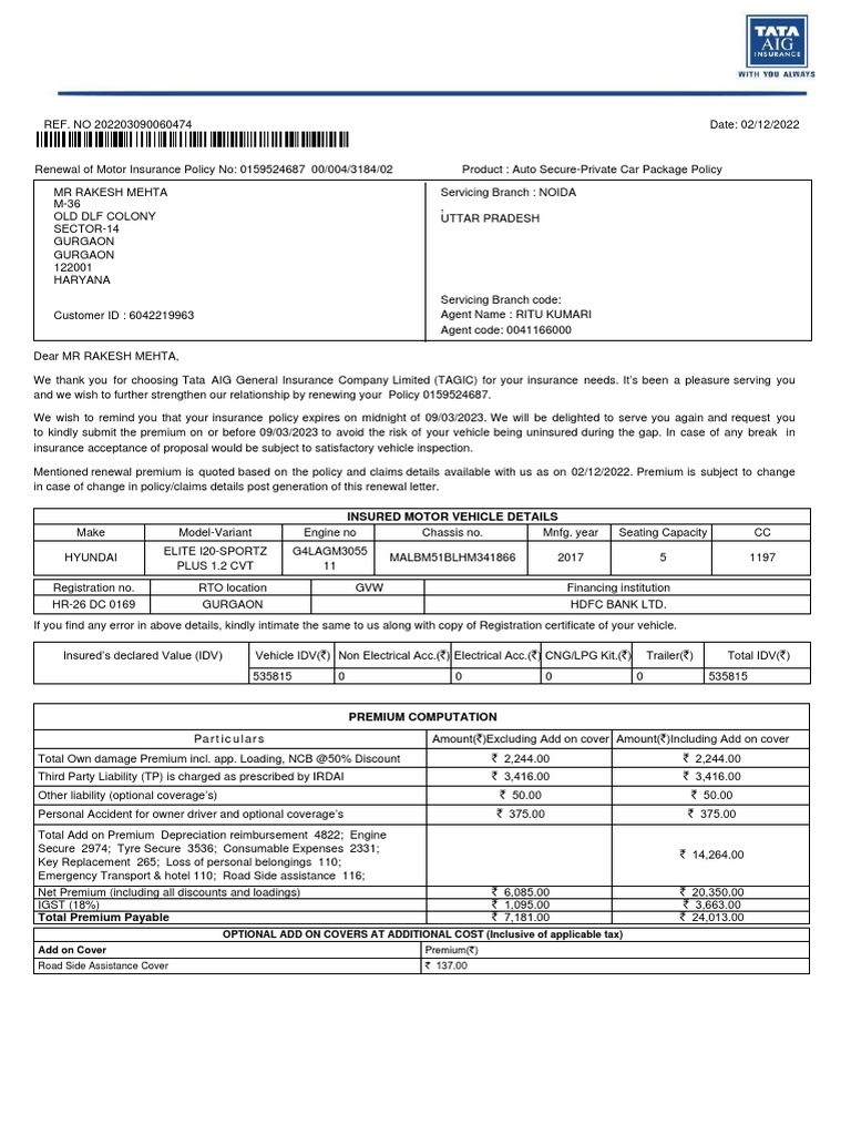Insured Motor Vehicle Details OPTIONAL ADD ON COVERS AT ADDITIONAL COST (Inclusive of