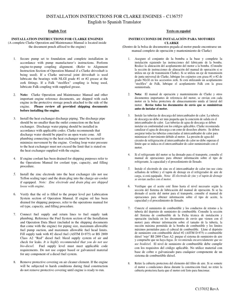 c137032 Spanish Translation of Installation Instructions For Clarke