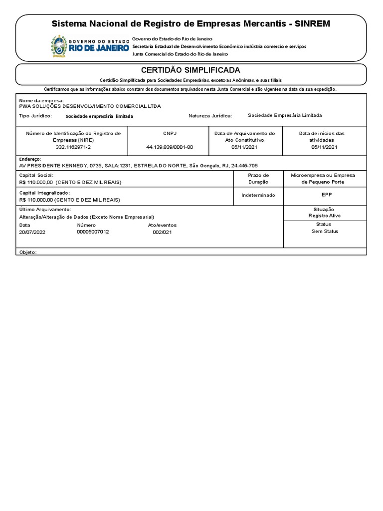 Sinrem Certidão Simplificada Pwa Soluções Pdf Companhia Limitada