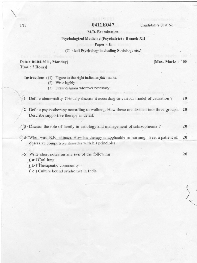 M.D. Psychiatry Examination Papers | PDF | Psychiatry | Psychopathology