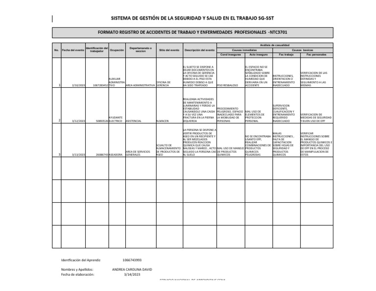 Formato Registro de Accidentes de Trabajo y Enfermedades Profesionales