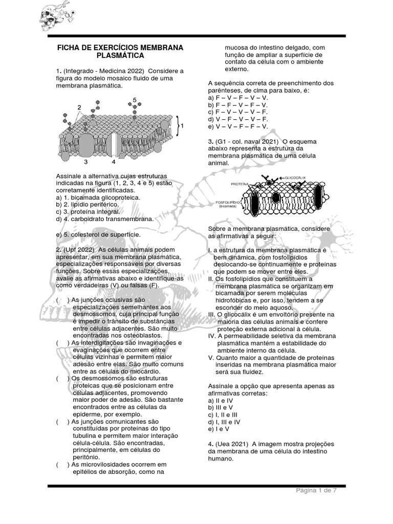 Exercícios sobre Membrana Plasmática | PDF | Membrana celular | Célula ...
