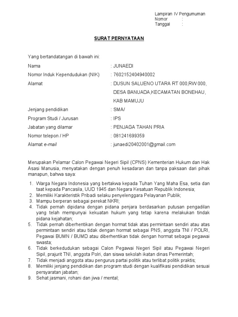 Lampiran IV. Surat Pernyataan CPNS 2023 | PDF