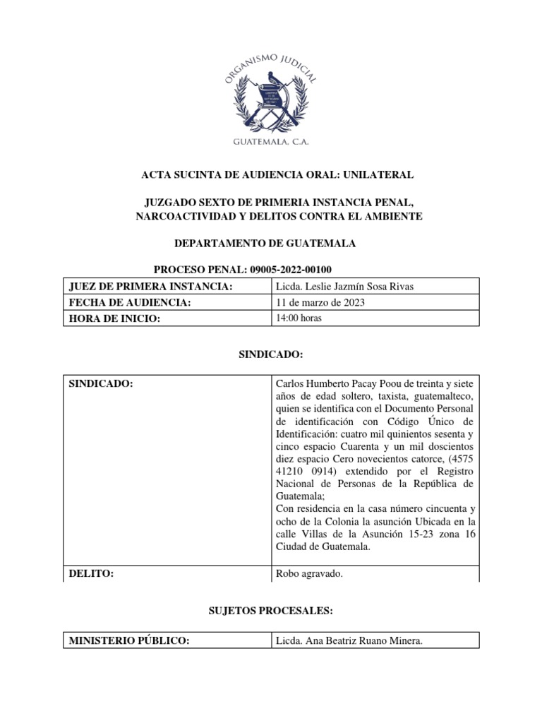 Acta Sucinta de Audiencia Unilateral | PDF | Derecho penal | Justicia