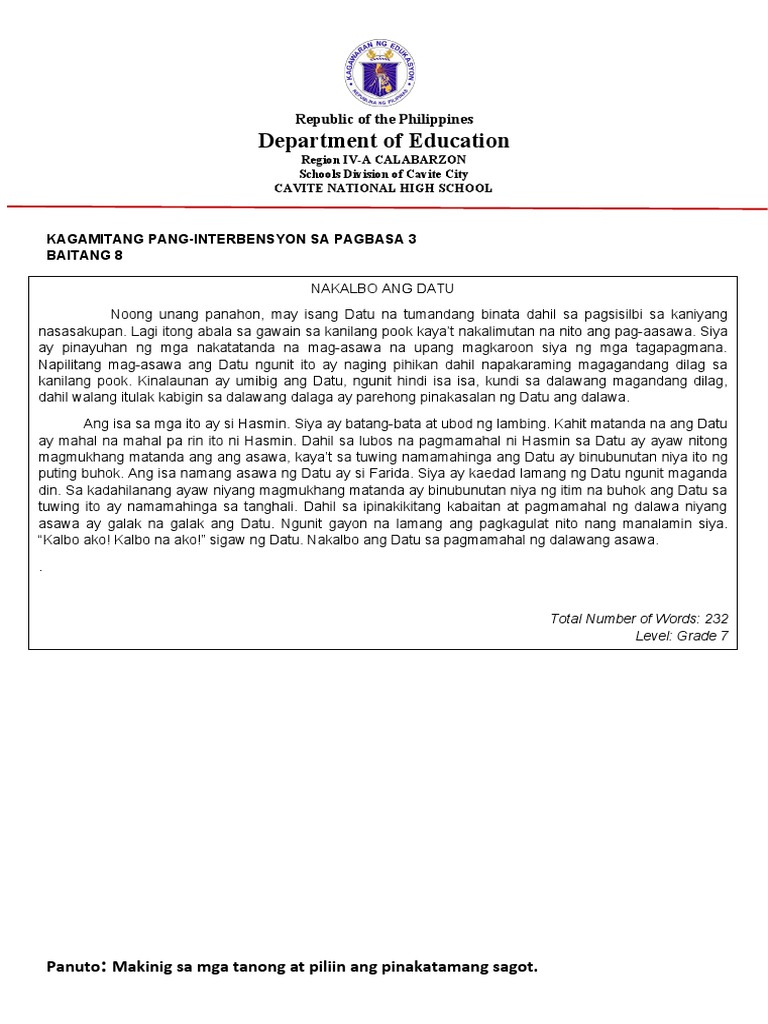 G8_Reading-Intervention-Material-NAKALBO-ANG-DATU-3 | PDF
