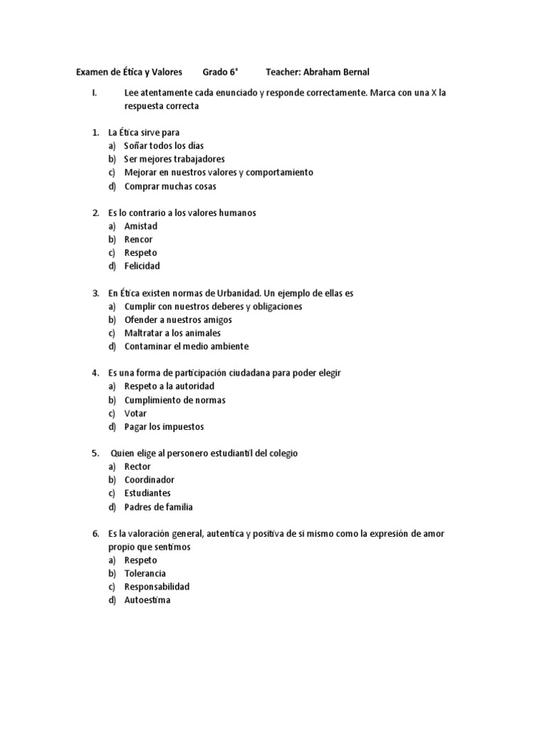 Examen de Ética y Valores para 6° Grado | PDF | Crecimiento personal y ...