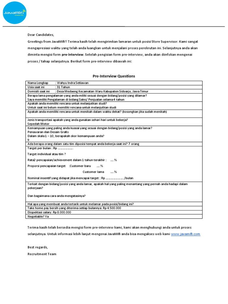 Formulir Pre-Interview Store Supervisor | PDF | Karier & Perkembangan ...