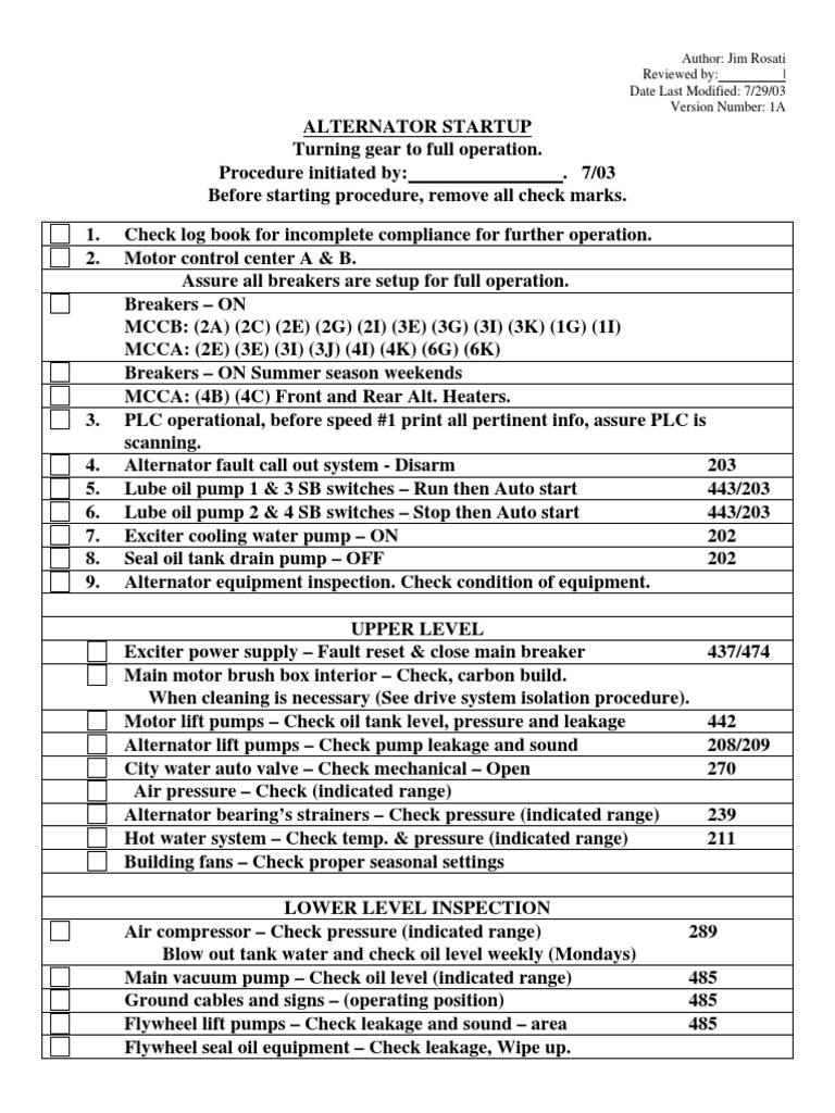 Alternator Startup Procedure Version 2a PDF Vacuum Tube Pump