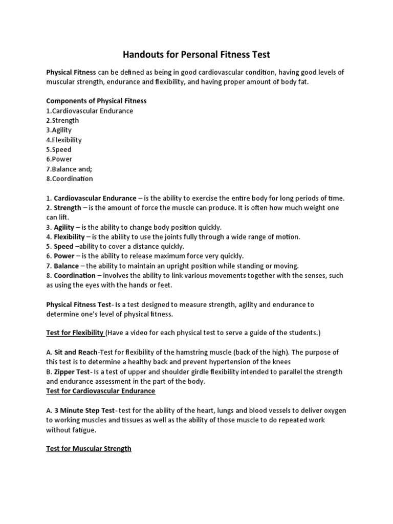 Personal Fitness Test Handouts Guide | PDF | Physical Fitness ...