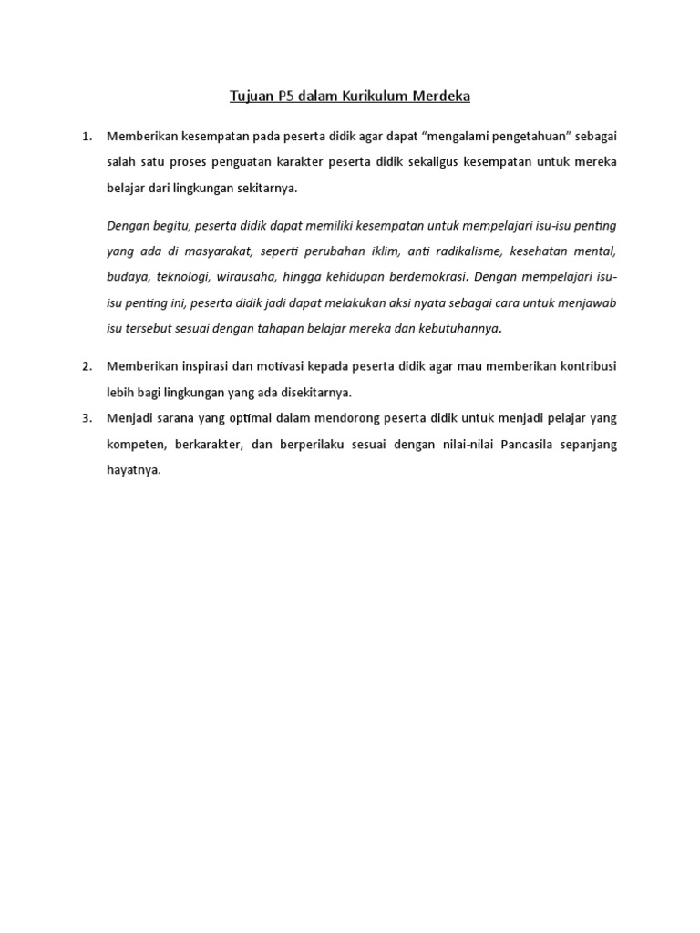 Tujuan P5 Dalam Kurikulum Merdeka | PDF