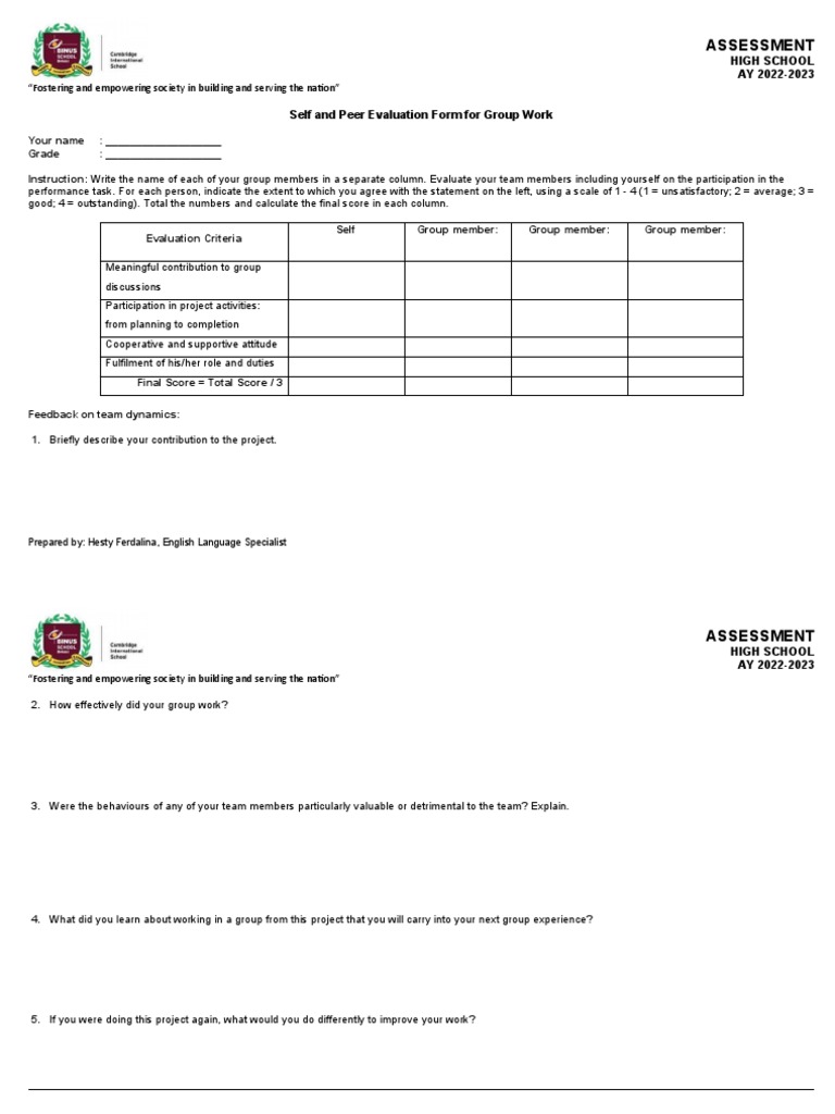 Self and Peer Evaluation for Group Work | PDF | Behavioural Sciences ...