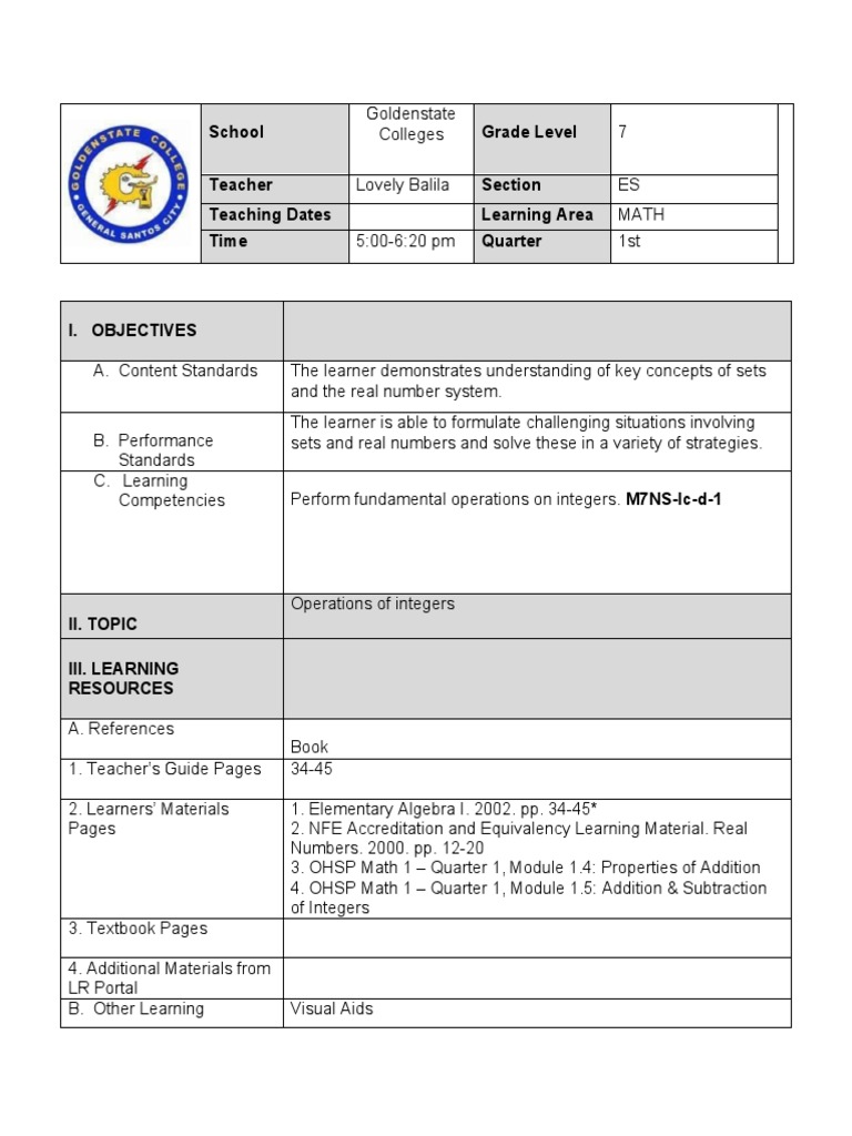 Lesson Plan Example | PDF | Subtraction | Teachers