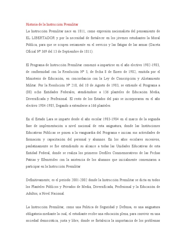 Historia de la Instrucción Premilitar en Venezuela | PDF