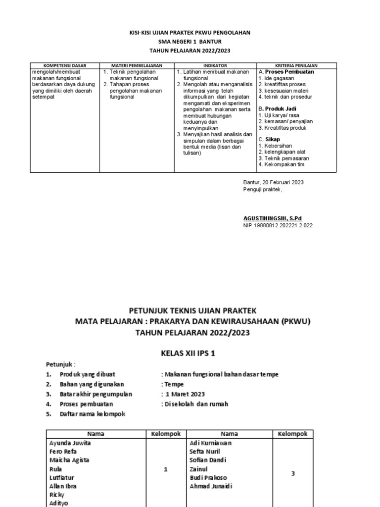 Kisi-Kisi Ujian Praktek PKWU 2023 | PDF