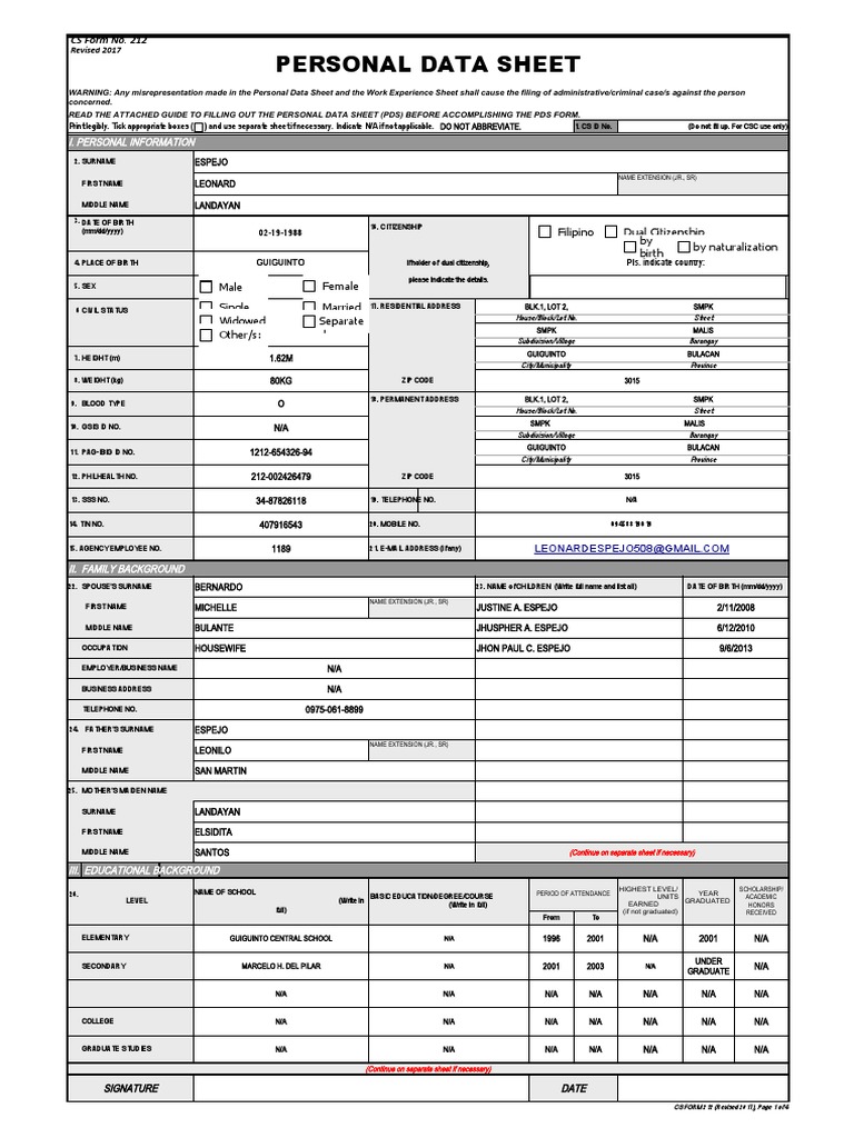 Personal Data Sheet Filipino Dual Citizenship by Birth by