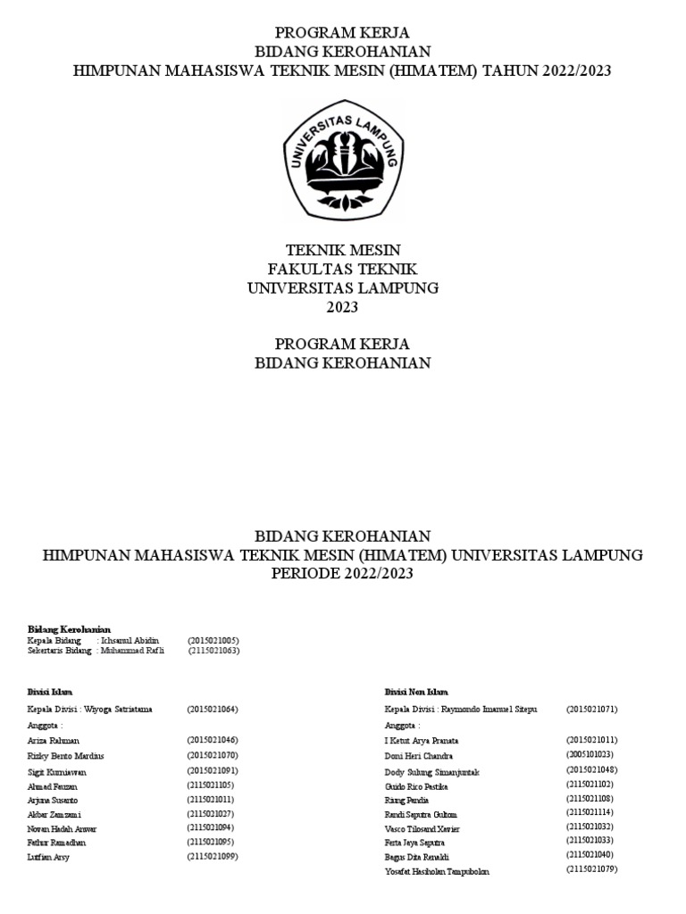 PROGRAM KERJA Bidang Kerohanian Himatem 2023-1 | PDF