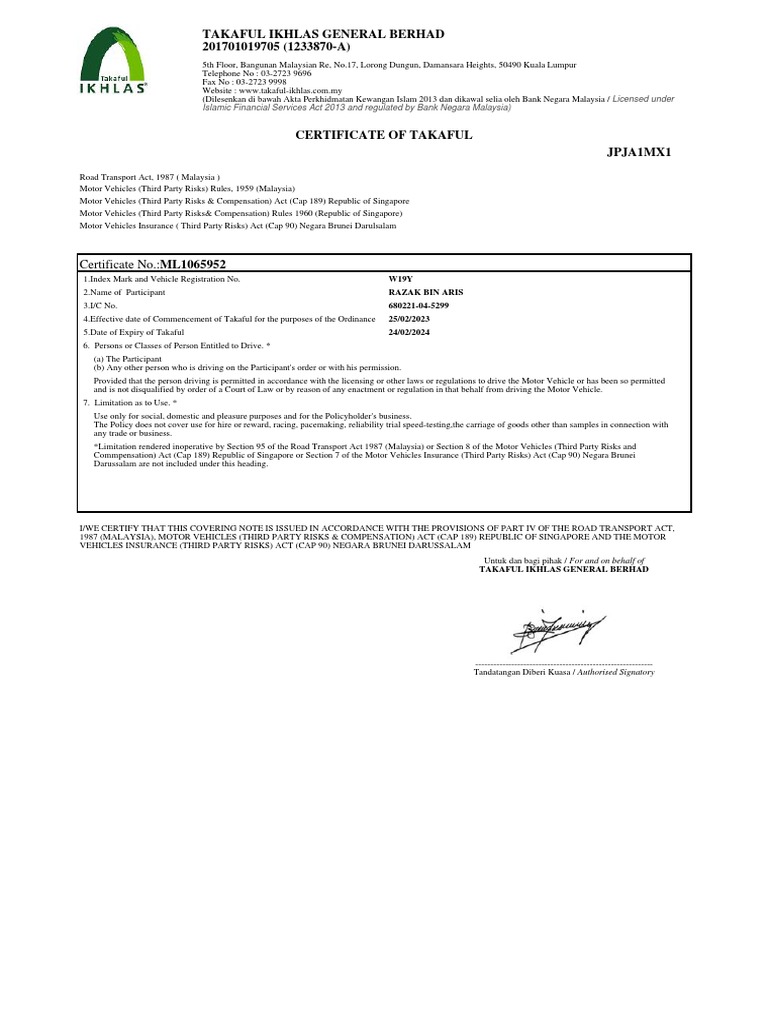 Tisb Certificate Of Insurance Jsp Pdf Malaysia Vehicles