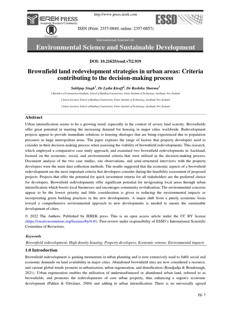 Brownfield Land Redevelopment Strategies in Urban Areas Criteria