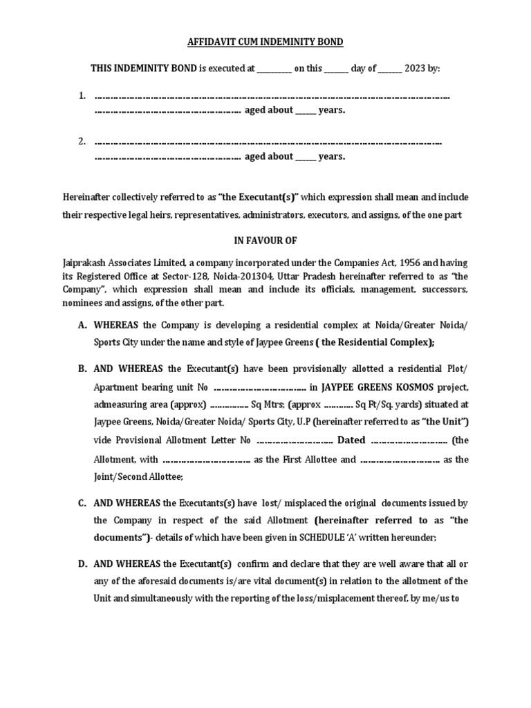 Indemnity Bond in Case of Lost Receipts PDF Indemnity Civil Law (Legal System)