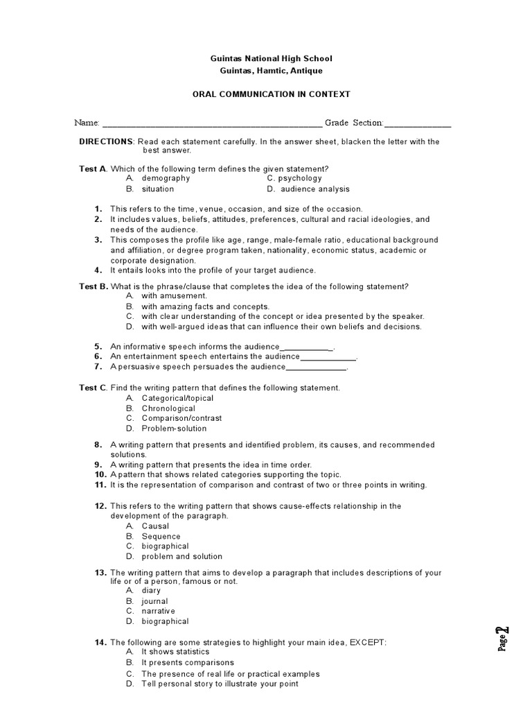 Oral Communication Exam Guide | PDF | Experience | Franklin D. Roosevelt