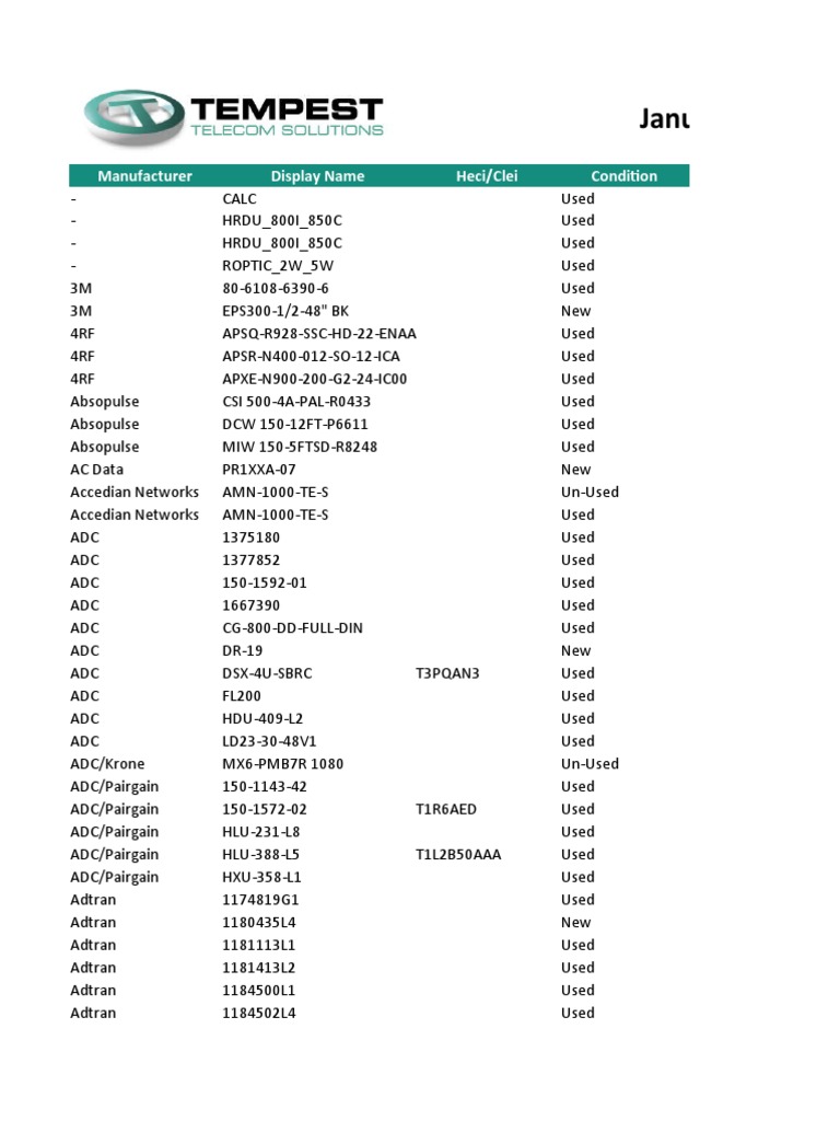 Tempest January 2020 Inventory 1 | PDF | Publicly Traded Companies Of The  United States | Telecommunications Equipment