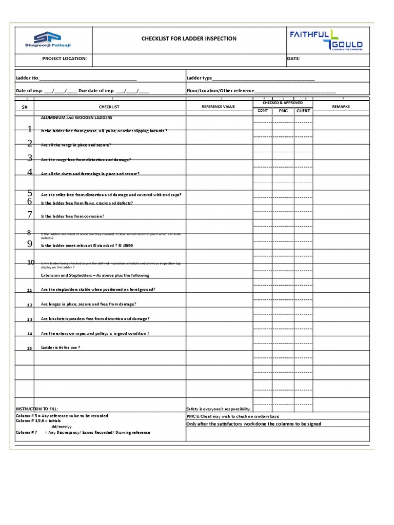 Comprehensive Ladder Inspection Checklist | PDF | Ladder | Materials