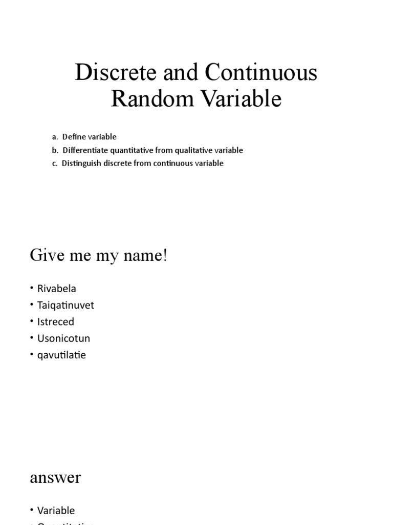 Discrete and Continuous Random Variable | PDF | Probability ...