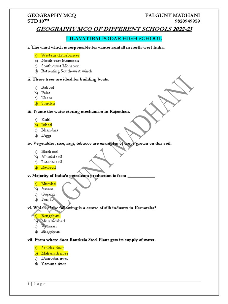 GEOGRAPHY MCQs PDF Agriculture Soil