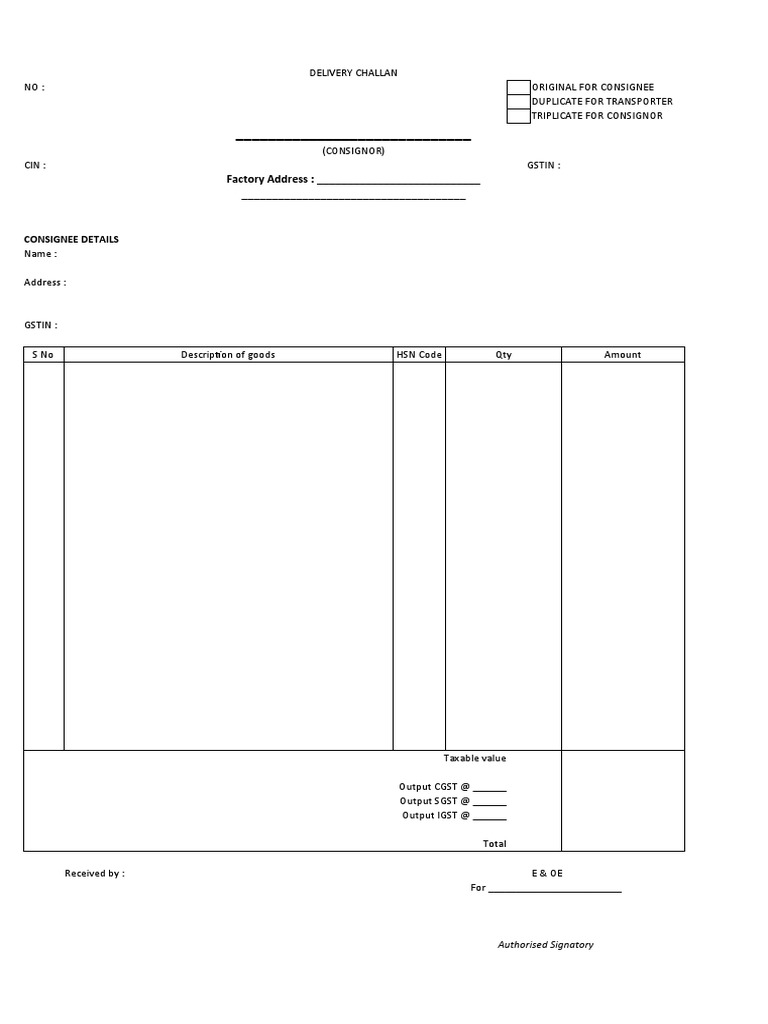 Delivery challan format pdf