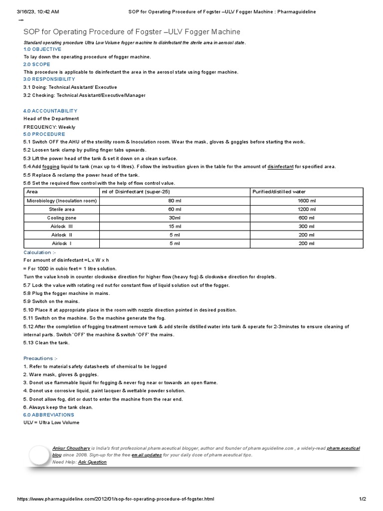 SOP For Operating Procedure of Fogster ULV Fogger Machine