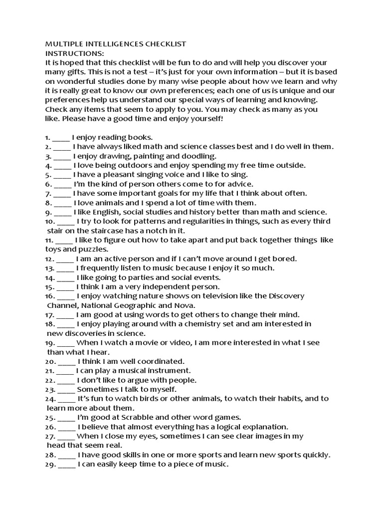Multiple Intelligences Checklist | PDF | Self-Improvement