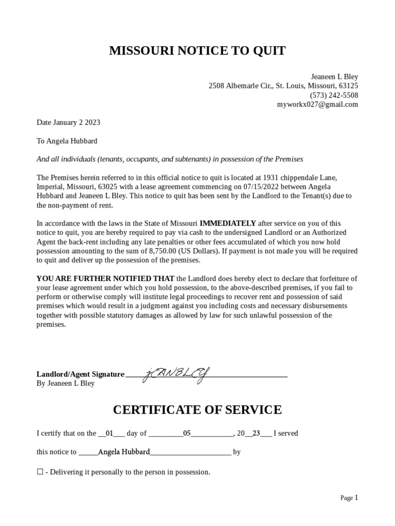 Missouri Eviction Notice Notice To Quit Form PDF Landlord Eviction