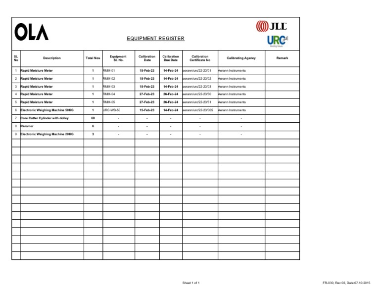 Instrument Calibration Register PDF