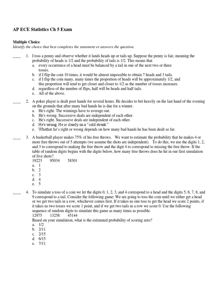 AP ECE Statistics EX 5 Review PDF | PDF | Handedness | Probability