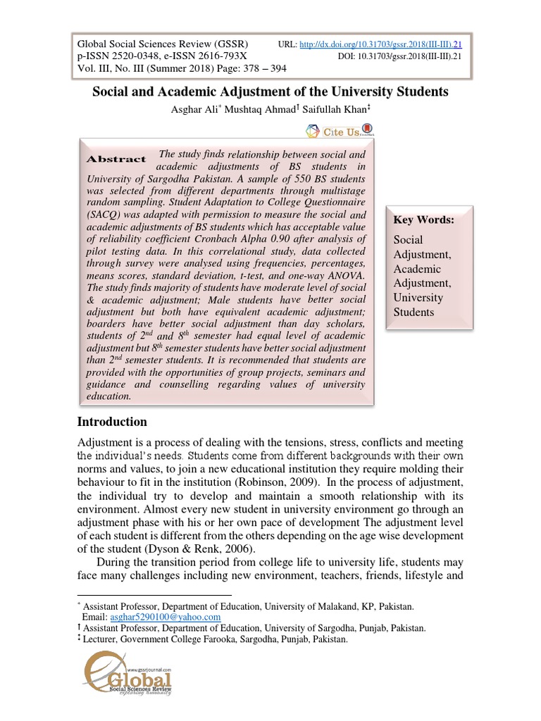 Social and Academic Adjustment of The University S | PDF | P Value ...
