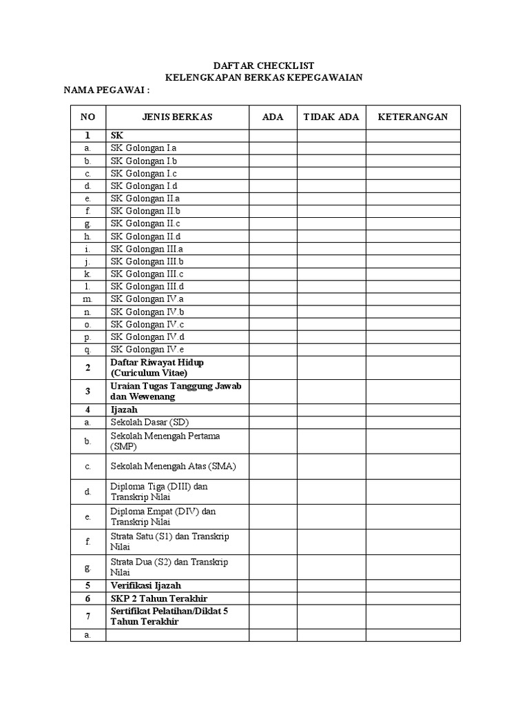 Daftar Checlist Kelengkapan Berkas Kepegawaian | PDF