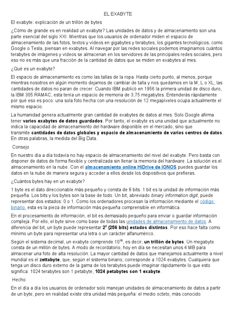 Qué es un exabyte y su equivalencia | PDF | Byte | Poco