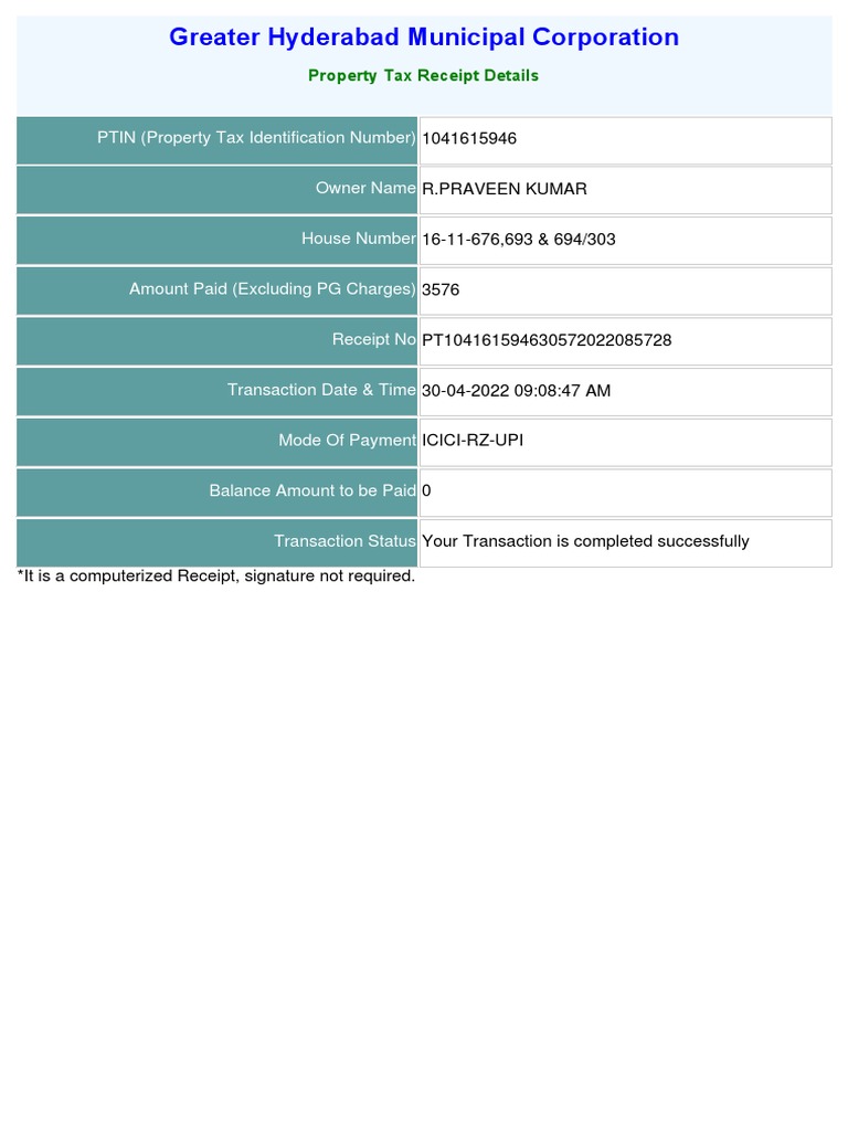 Greater Hyderabad Municipal Corporation PTIN (Property Tax
