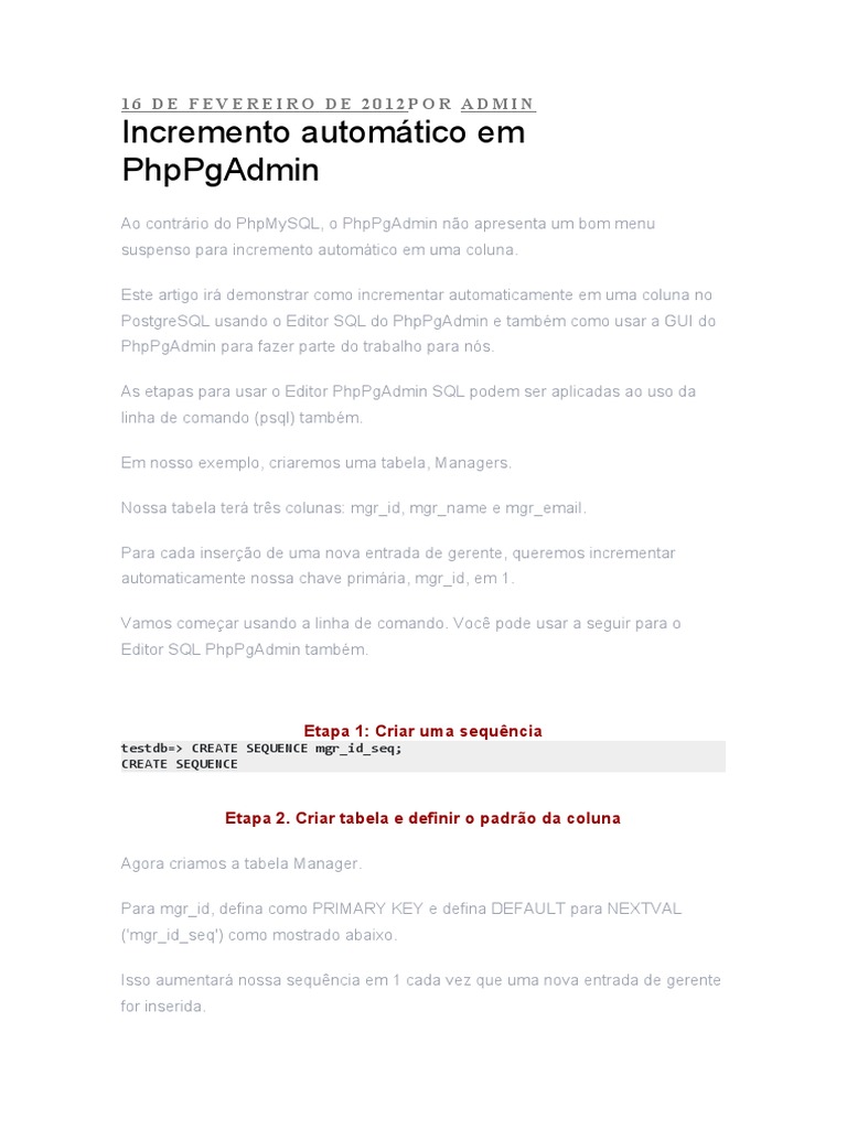 Postgres - Autoincremento No PHPPGADMIN - WEB | PDF | SQL | Tabela ...