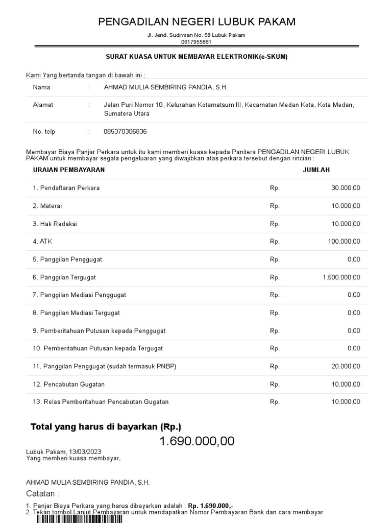 Rincian Biaya Pendaftaran PN Pakam | PDF