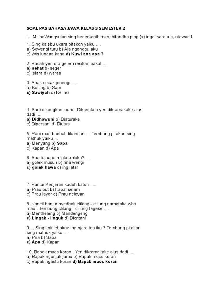 Latihan Soal Bahasa Jawa Kelas 3 Semester 2