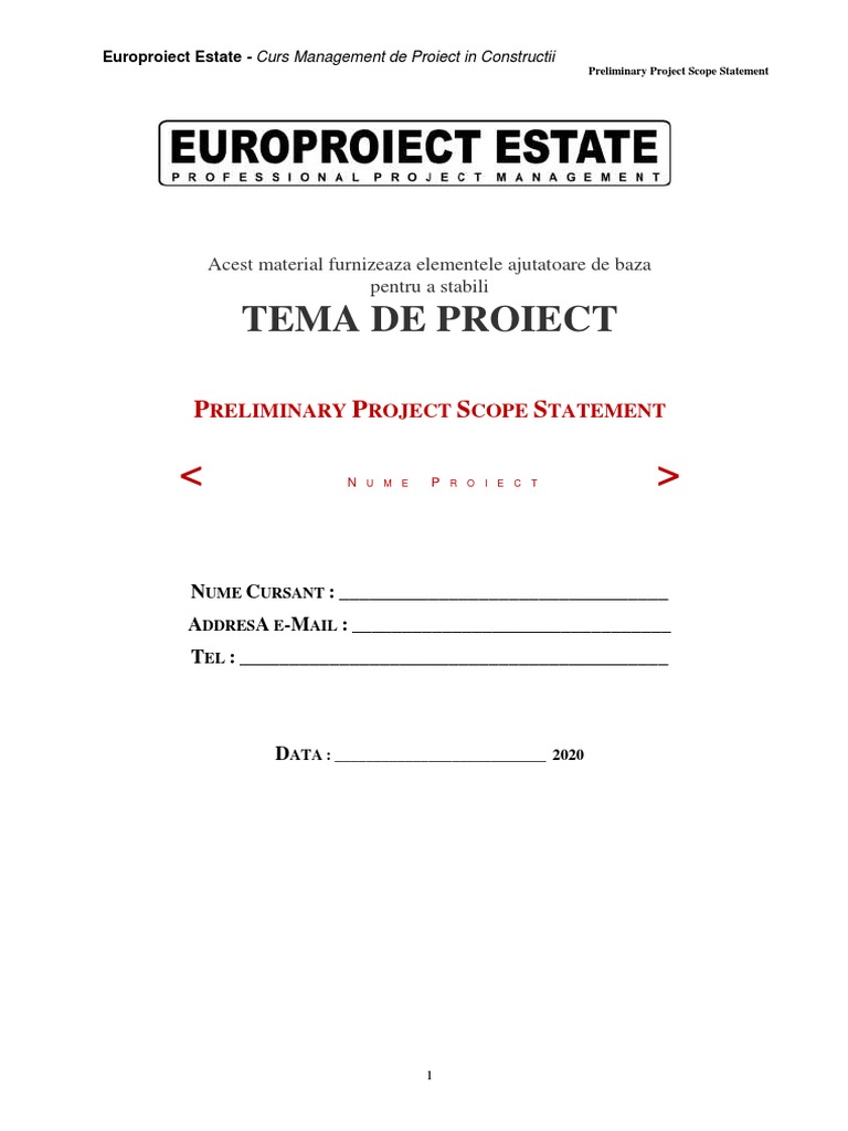 000 Curs Management de Proiect in Constructii - Tema de Proiect | PDF