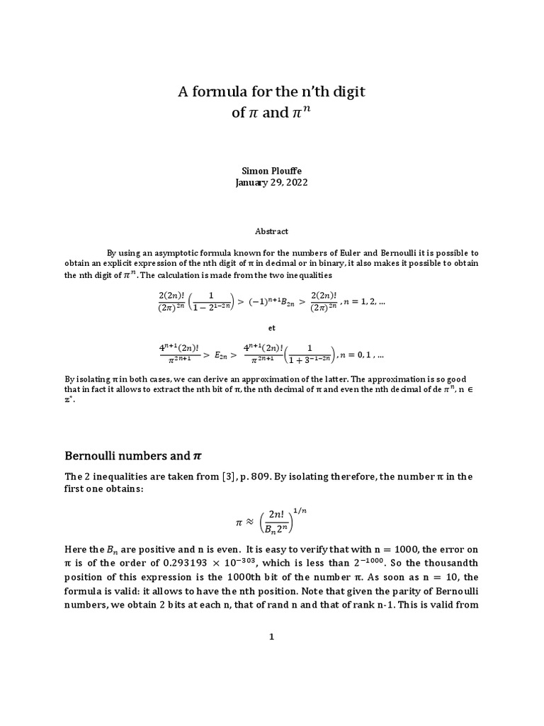 A Formula For The N'TH Digits of Pi PDF Pi Decimal