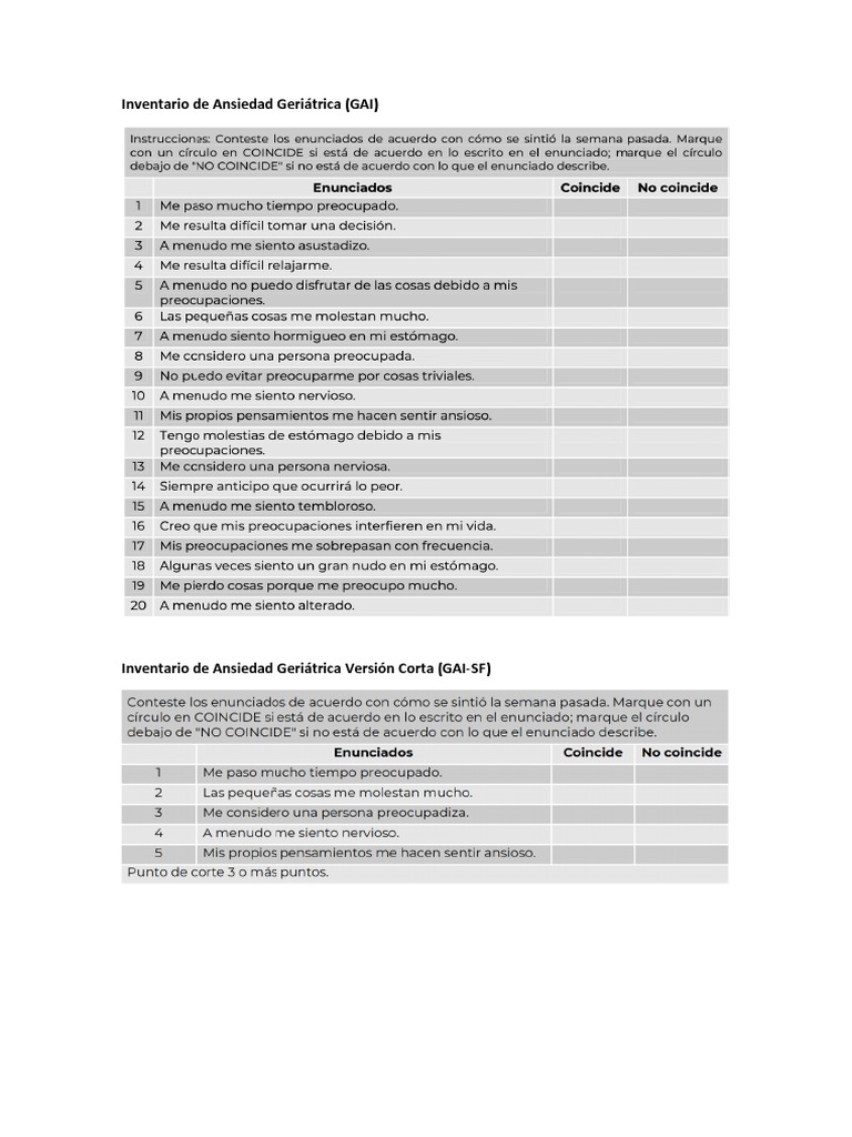 Inventario Ansiedad Geriátrica | PDF