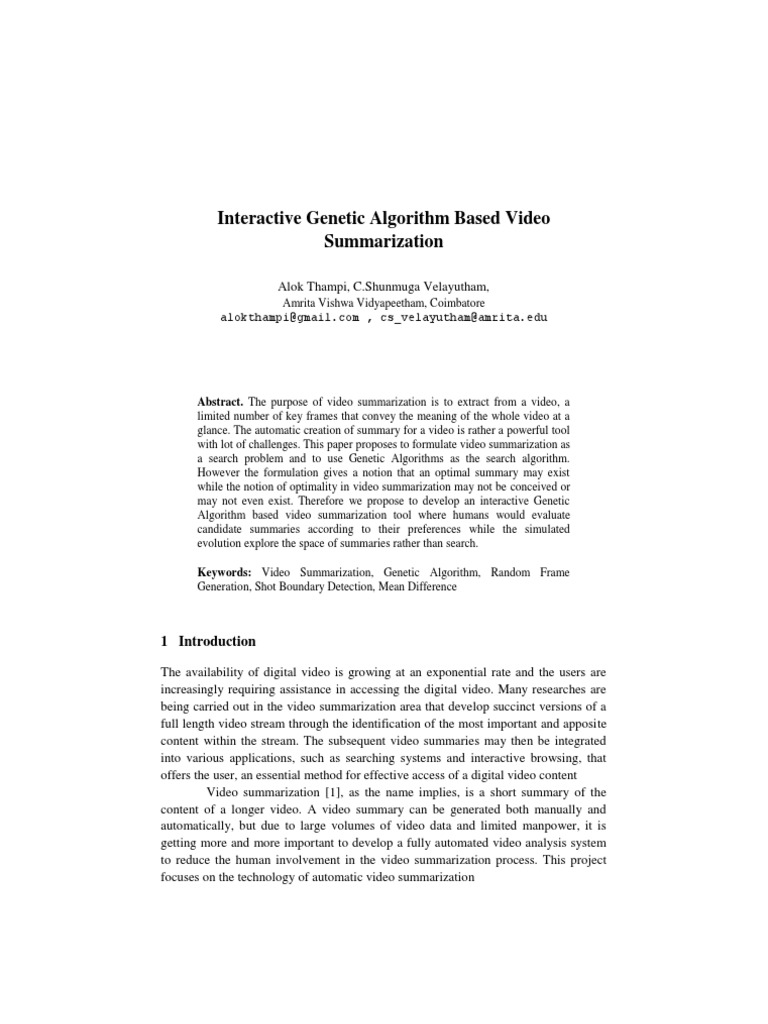 Interactive Genetic Algorithm Based Video Summarization | PDF | Genetic ...