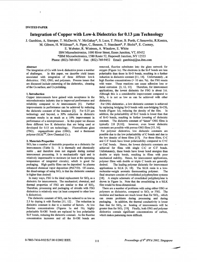 Integration of Copper With Low K Dielect PDF Copper Silicon Dioxide